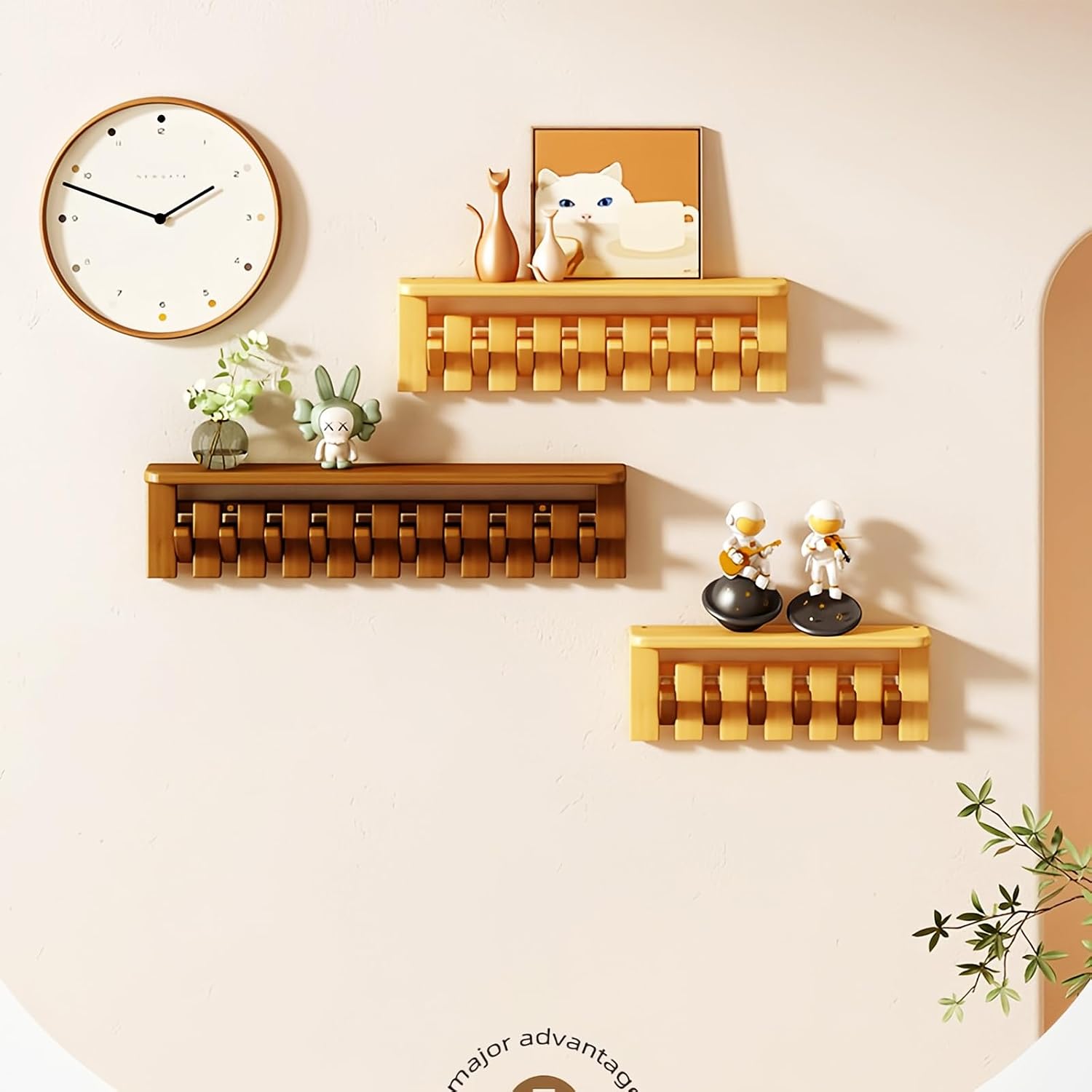 Wall Mounted Piano Key Hanger | Flip Style Hook | Entrance Wall Art Hook, Made of Oak Wood (3 Times Painted, 4 Times Polished) (Tray Walnut, 12Hooks)