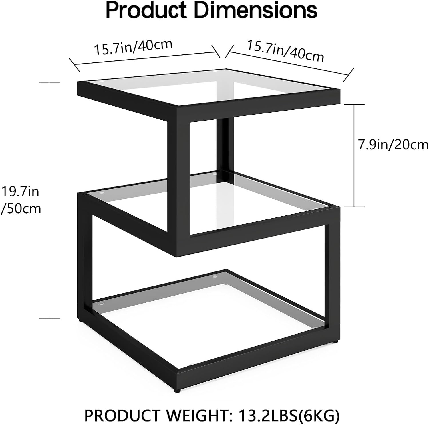 3-Tier Tempered Glass Side Table with Metal Frame, USB Port and Dimmable Blue LED Light Strip for Living Room & Bedroom 15.7' x 15.7' x 19.7' (Square)