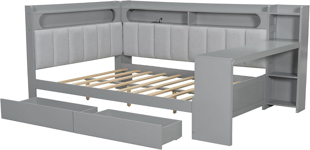 Merax Full Size Daybed Sofa Bed with Desk, 2 Drawers and Linen Upholstered Headboard and Backrest for Kids, Teens or Adults, Gray Wooden Corner Bed Platform Bed with Shelves, USB and Light