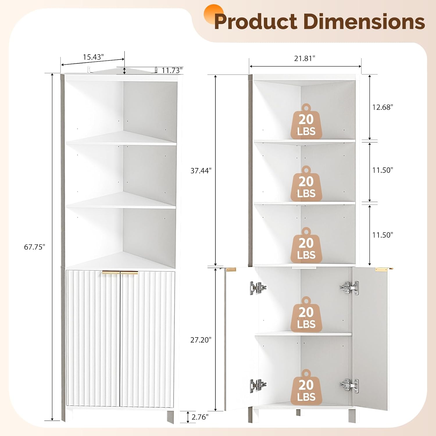 VINGLI Tall Corner Cabinet with Fluted Doors, 68' White Corner Storage Cabinet with Adjustable Shelves, Freestanding Wood Corner Bookshelf for Bathroom, Living Room & Kitchen, Space-Saving