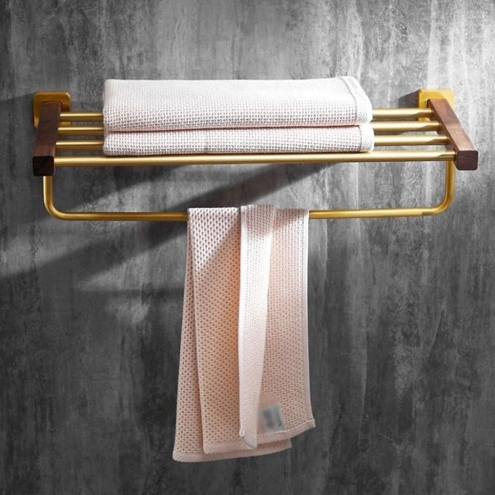 Nordic Style Floating Shelf with Towel Bar, Black Walnut & Gold Wall Decoration, Multi-Purpose Wall Hanging Storage - 60x23cm