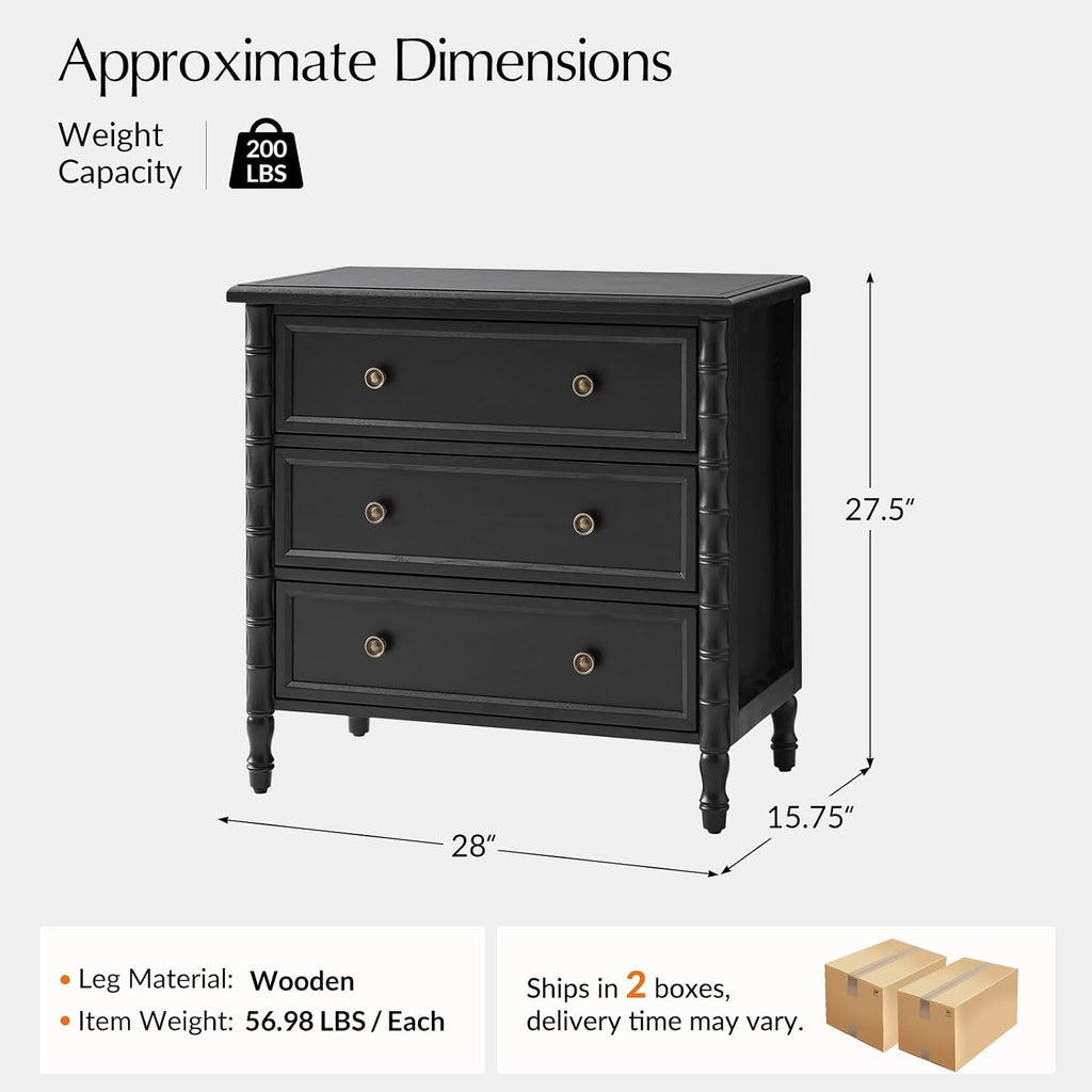 HULALA HOME Solid Wood End Tables Set of 2 with Bamboo-Inspired Frame, 28' Wide Endtables with Charging Station, 3 Drawer Side Tables for Living Room, Black