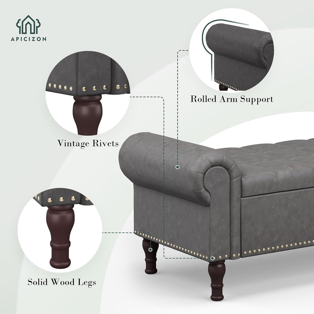 Apicizon 51' Bench with Storage, Upholstered Tufted Button Bedroom Bench with Storage, Faux Leather End of Bed Bench with Rolled Arms, Storage Ottoman Bench for Bedroom, Living Room, Entryway, Gray