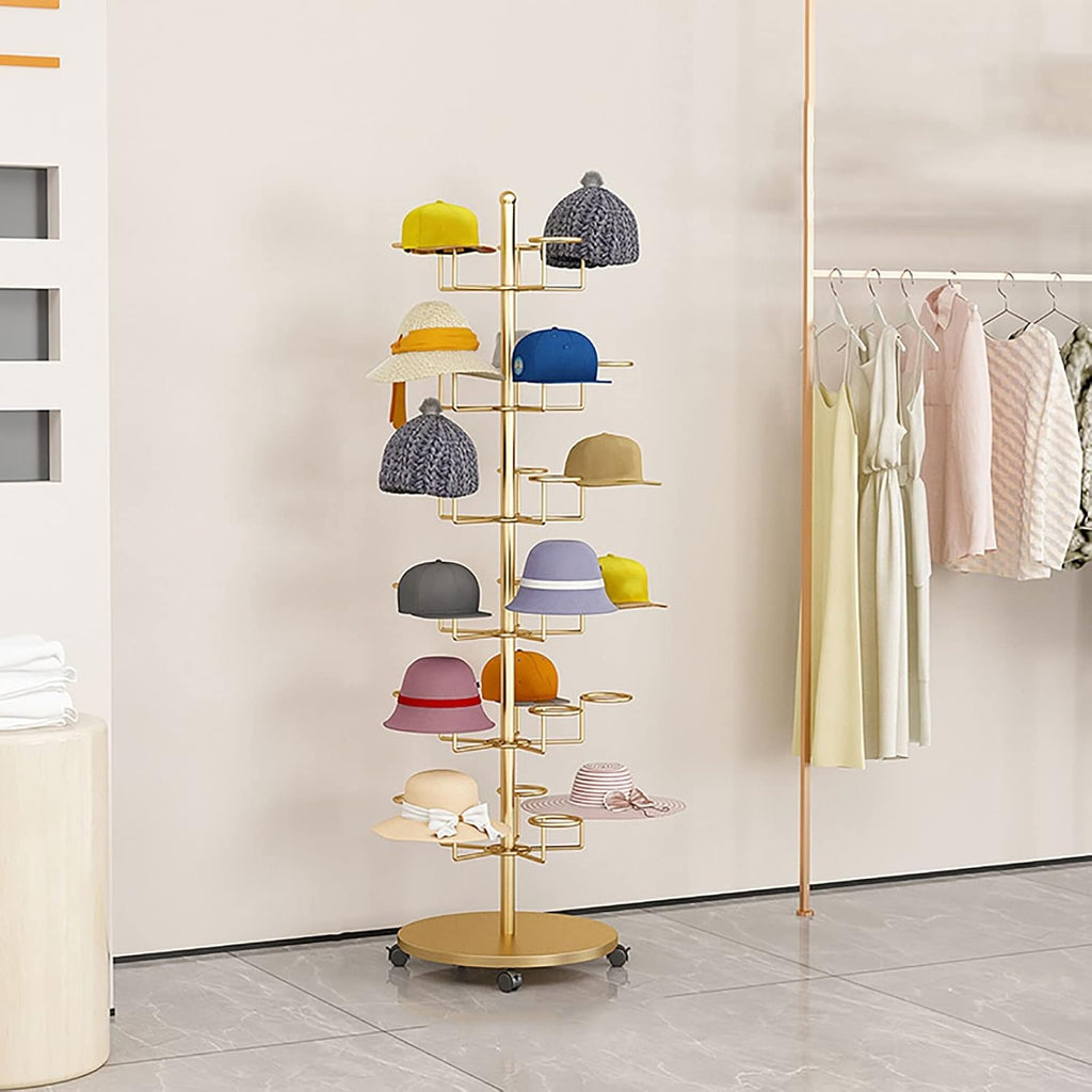 Hat Display Stand Floor Standing Gold Hat Racks Organisers with Wheels, Commercial Multi-Layer Hat Holder Stand for Cowboy/Baseball Caps, Large Capacity
