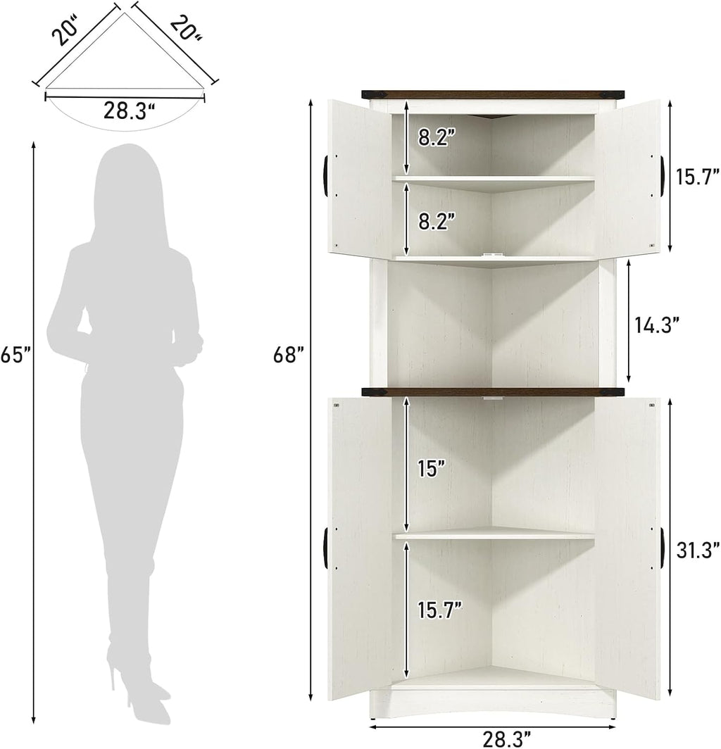 chartustriable 68' Tall Farmhouse Corner Cabinet, 28.3' Corner Storage Cabinet with 4 Doors and Adjustable Shelves, Tall Barn Door Cabinets with 5 Storage Shelves, for Kitchen, Bathroom, Antique White