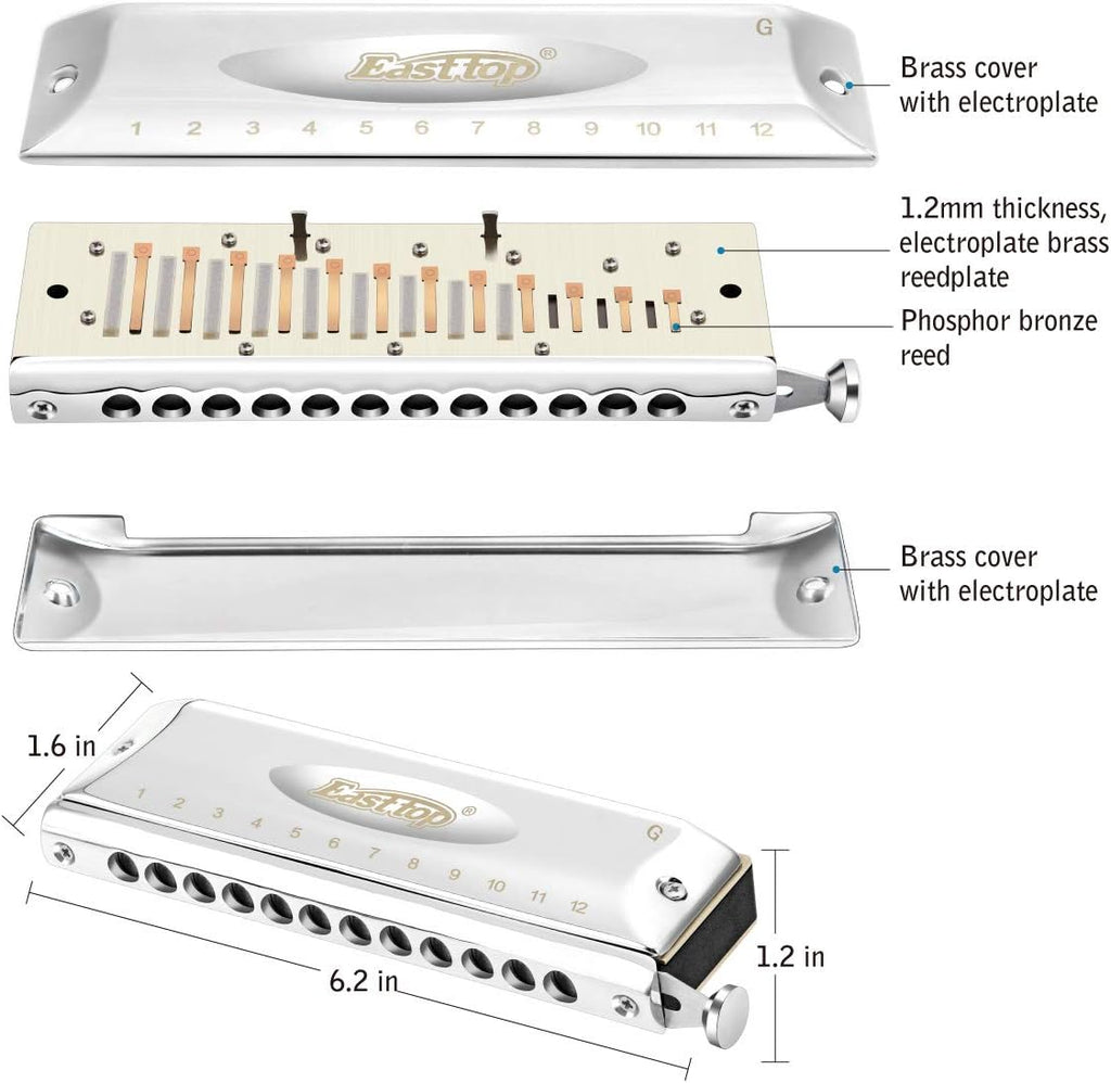 East top Chromatic Harmonica in G,12 Holes 48 Tones Chromatic Mouth Organ with Stainless Steel Cover for Adults, Professionals, Students and Harmonica Lovers