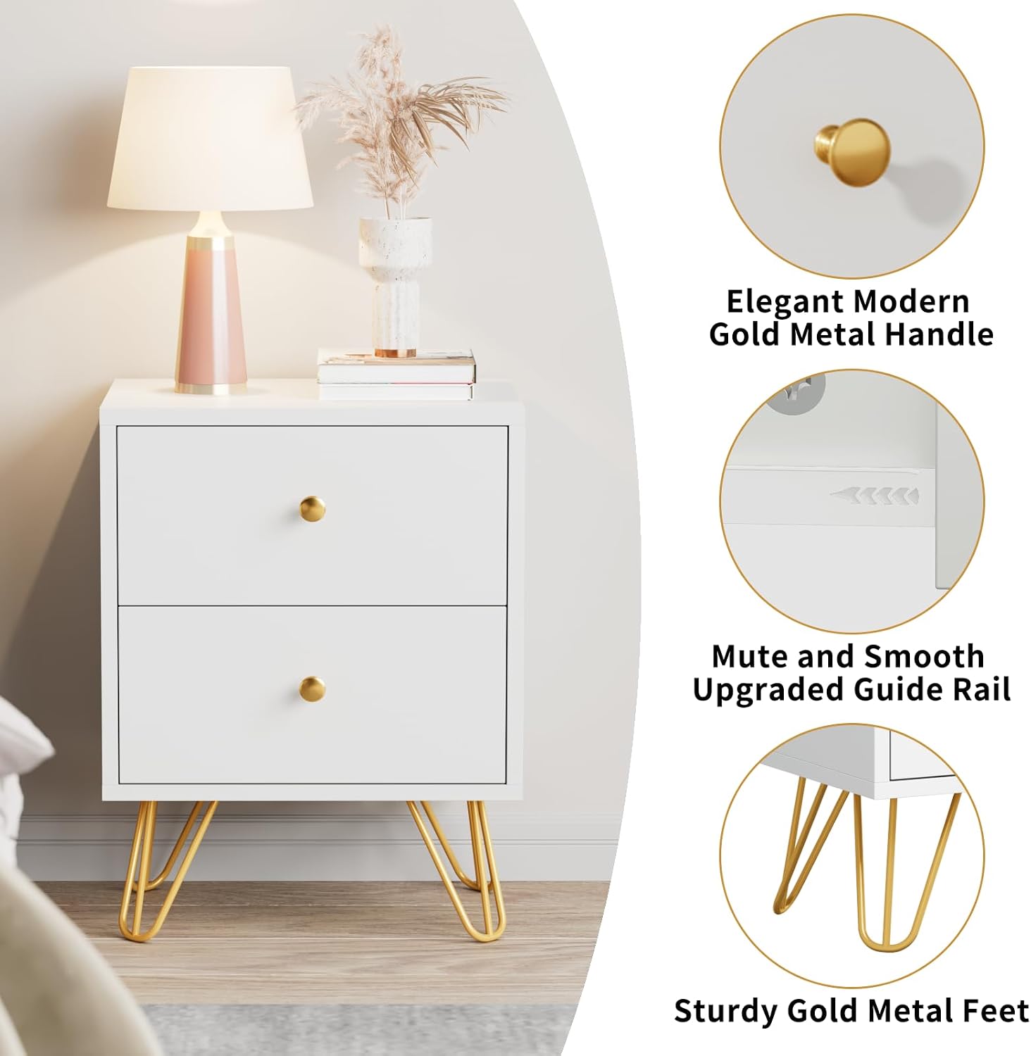 CARPETNAL White Nightstand Set of 2, End Side Table Double, Bedside Table with 2 Drawers, Dual Night Stand Metal Legs for Bedroom Living Room