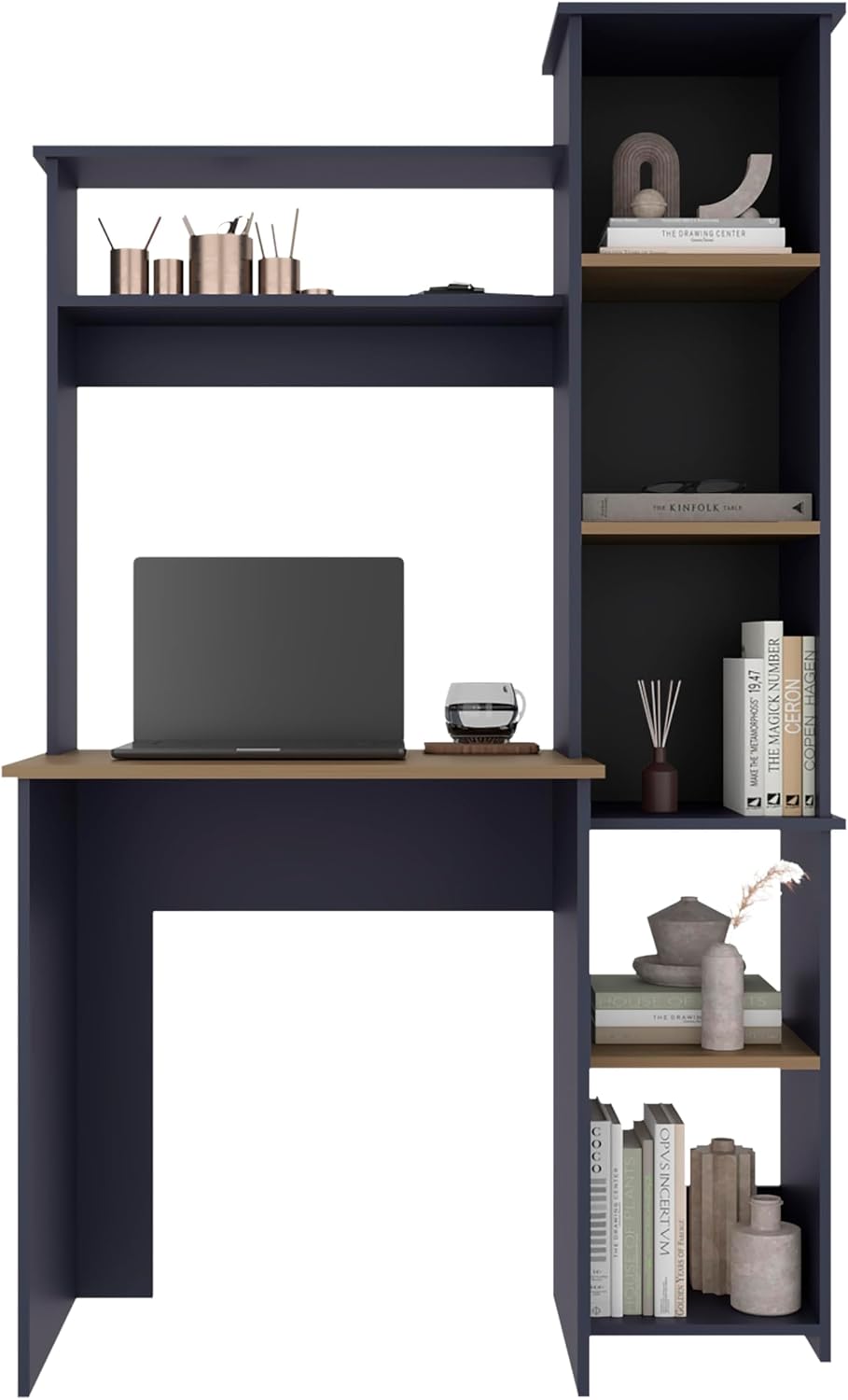 TUHOME Versalles Writing Desk with Large Monitor Shelf,Keyboard Tray and Five Side Open Storage Compartments,Modern Space-Saving Office Desk for Studios,Workspaces or Bedrooms, Functional Organization