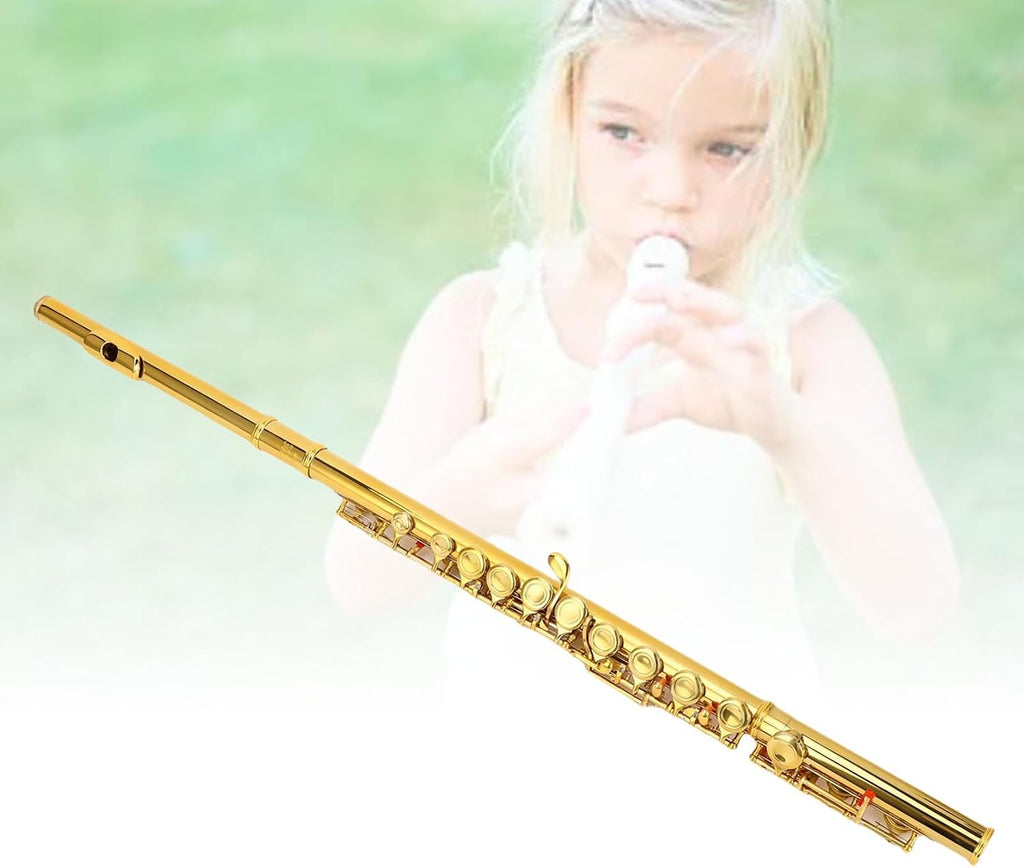 16 Keys C Flute Professional Closed Hole Cupronickel Flute Instrument with Split E Key Ergonomic Design for Beginner Student Adult Orchestra Performance Gold