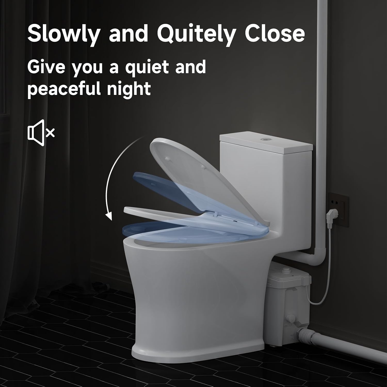 36ft Upflush Macerating Toilet System, Basement Toilet with Macerator Pump, One Piece Full Skirted, Flexible Top or Side Drain Port for Household Commercial Use, 1HP, 120V, CEC Approved