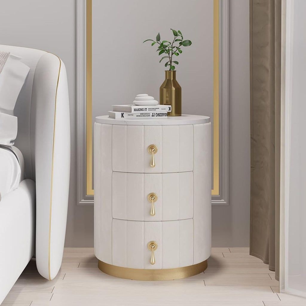 homary Velvet Nightstand with 3 Drawers, White Round Bedside Table with Sintered Stone Top, Modern Nightstand with Storage for Bedroom, End Table for Living Room
