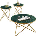 HLR Modern Round Coffee Table and Side Table Set of 3,End Table with Faux Marble Top and Gold Metal Frame, Side Table for Living Room, Bedroom, Sofa and Couch, Gold Legs, Green Marble Top