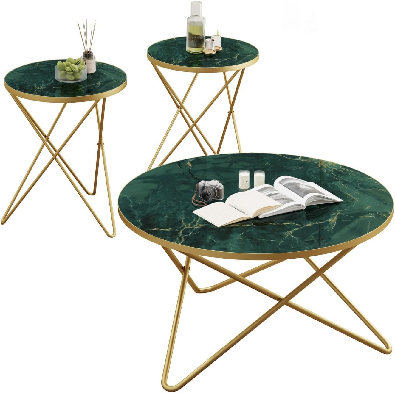 HLR Modern Round Coffee Table and Side Table Set of 3,End Table with Faux Marble Top and Gold Metal Frame, Side Table for Living Room, Bedroom, Sofa and Couch, Gold Legs, Green Marble Top