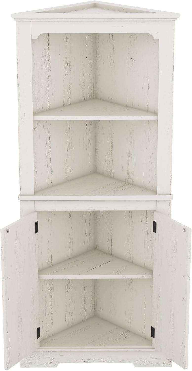 DOFFO Tall Bathroom Corner Cabinet, 69.3'H Freestanding Corner Storage Cabinet with 2 Doors and Open Shelves, Bathroom Floor Storage Display Organizer for Living Room, Dining Room and Kitchen (Beige)