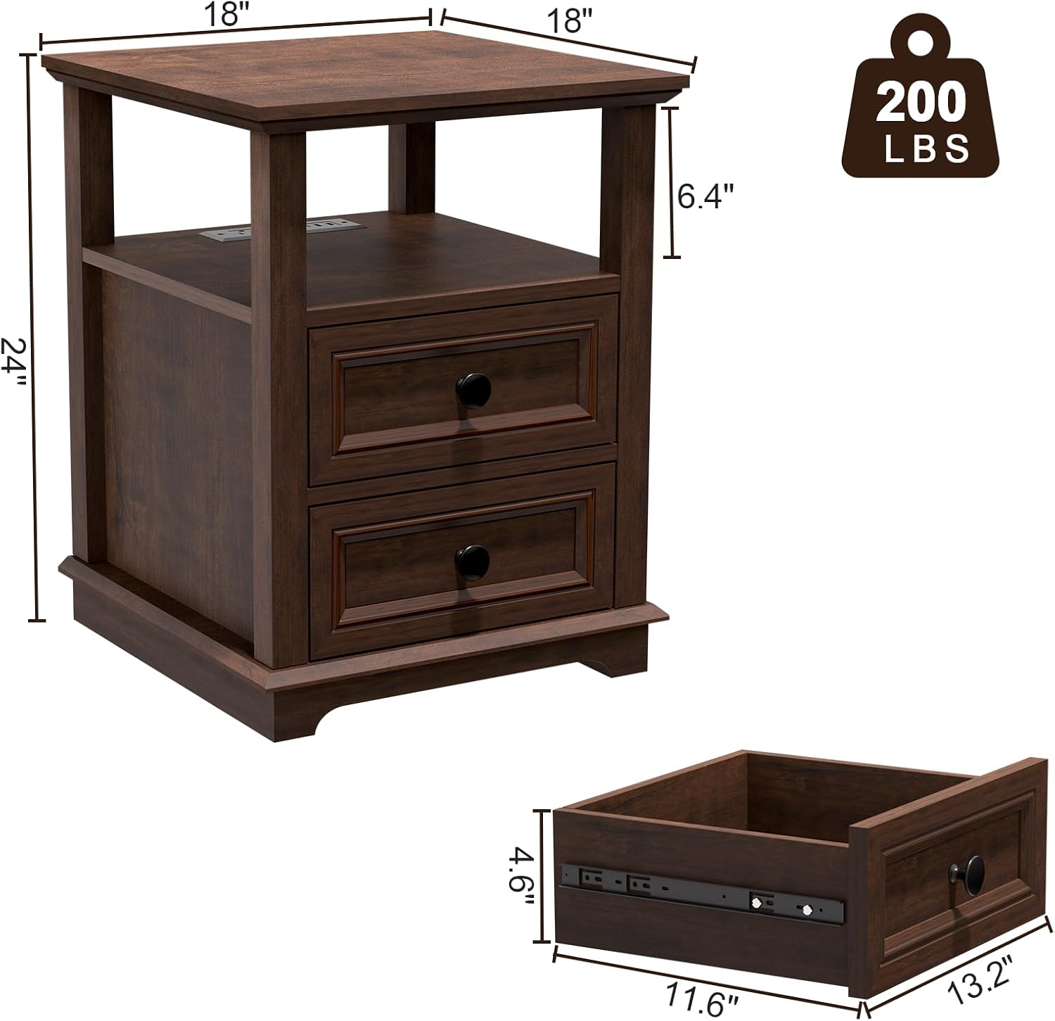 REDAYFUR 18' Wide End Table with Fast Charging Station Set of 2, 18' Wide Sofa Side Table with Drawers,End Table with Drawers for Living Room,Cherry