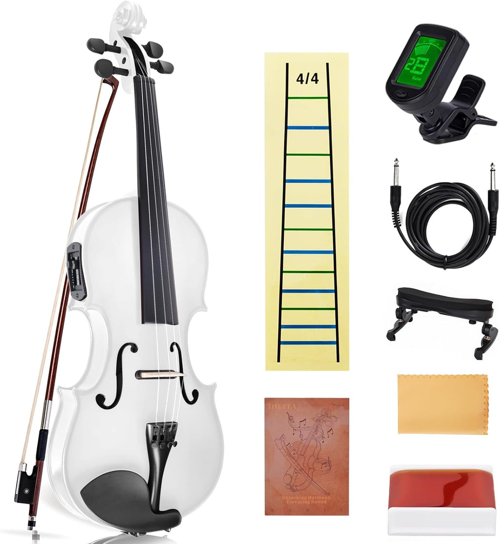 Electric/Acoustic Violin with Ebony Accessories with Carrying Case, Violin Bow, Bridge, Shoulder Rest, Stickers, Tuner, Instruction, Handcraft with Maple, Spruce (White)