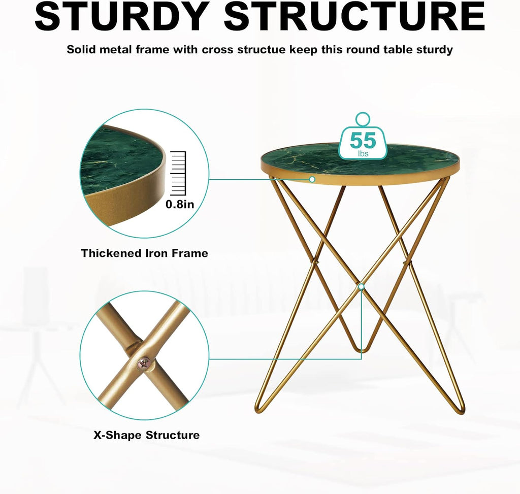 HLR Modern Round Side Table Set of 2, End Table with Marble Effect Top and Gold Metal Frame, Small Side Table for Living Room, Bedroom, Sofa and Couch, Gold Legs, Green Marble top