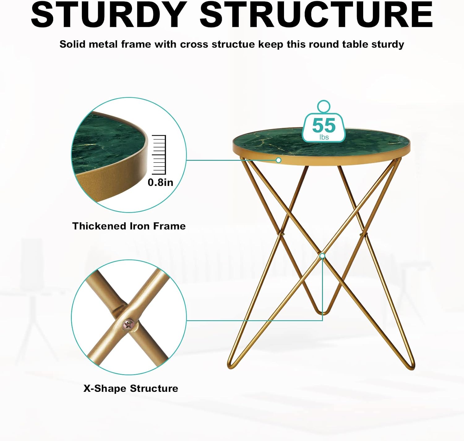 HLR Modern Round Side Table Set of 2, End Table with Marble Effect Top and Gold Metal Frame, Small Side Table for Living Room, Bedroom, Sofa and Couch, Gold Legs, Green Marble top