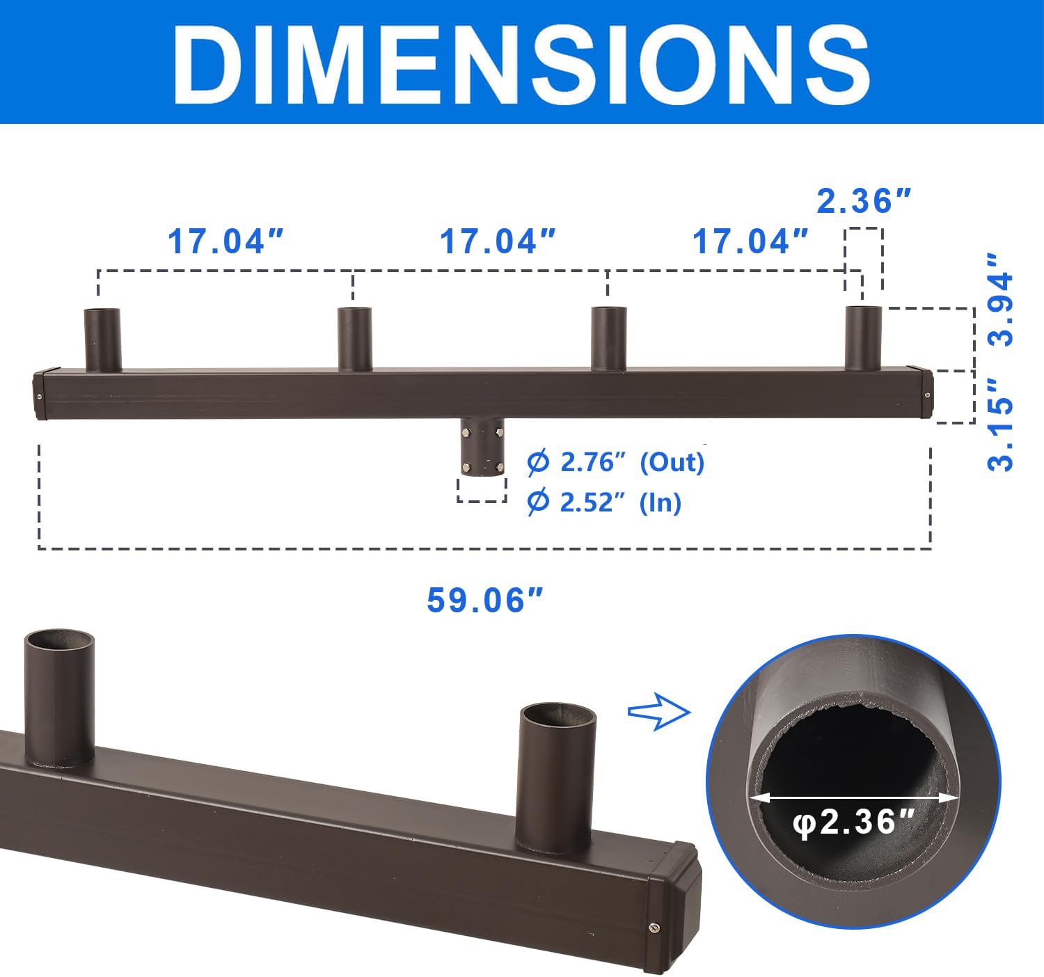 180 Degree Low Profile Bullhorn with 4 Arms, 180 Degree Vertical Tenon Bullhorn Bracket for 4 Lights, 2-3/8 in Slip Fitter Light Mounting for Parking Lot Pole Bracket, Dark Bronze Heavy Steel