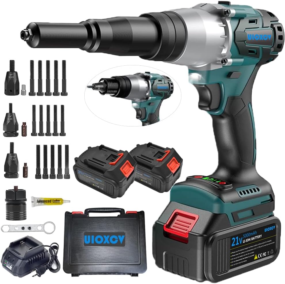 2-in-1 Electric Rivet Nut Gun for Rivets(1/8'', 5/32'', 3/16') & Rivet Nuts (1/4',5/16',3/8') with 2 Battery, Cordless Pop Rivet Insert Installation Tool