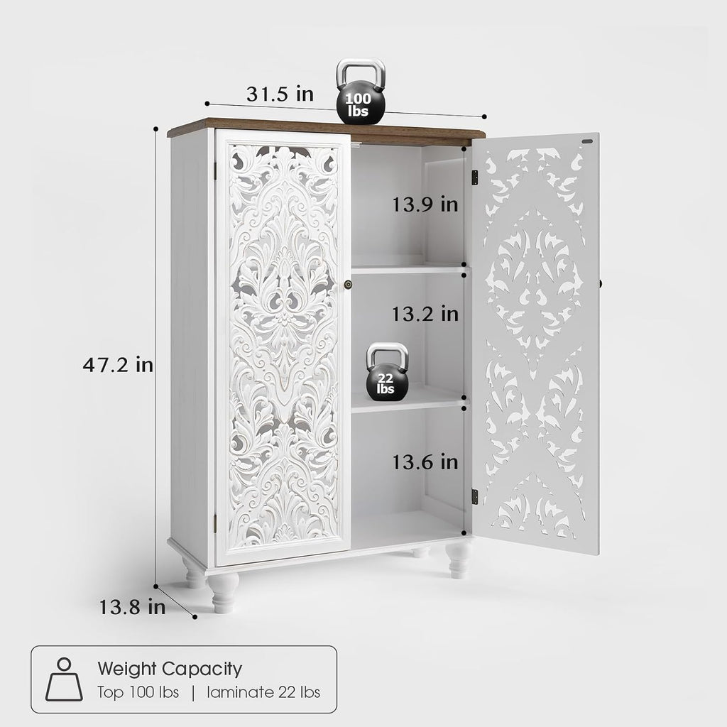 JOINICE 47' Tall Accent Cabinet with Carved Doors, Distressed White Wood Storage Cabinet with 3-Tier Shelves, Boho Farmhouse Sideboard Buffet for Small Spaces, Entryway & Living Room