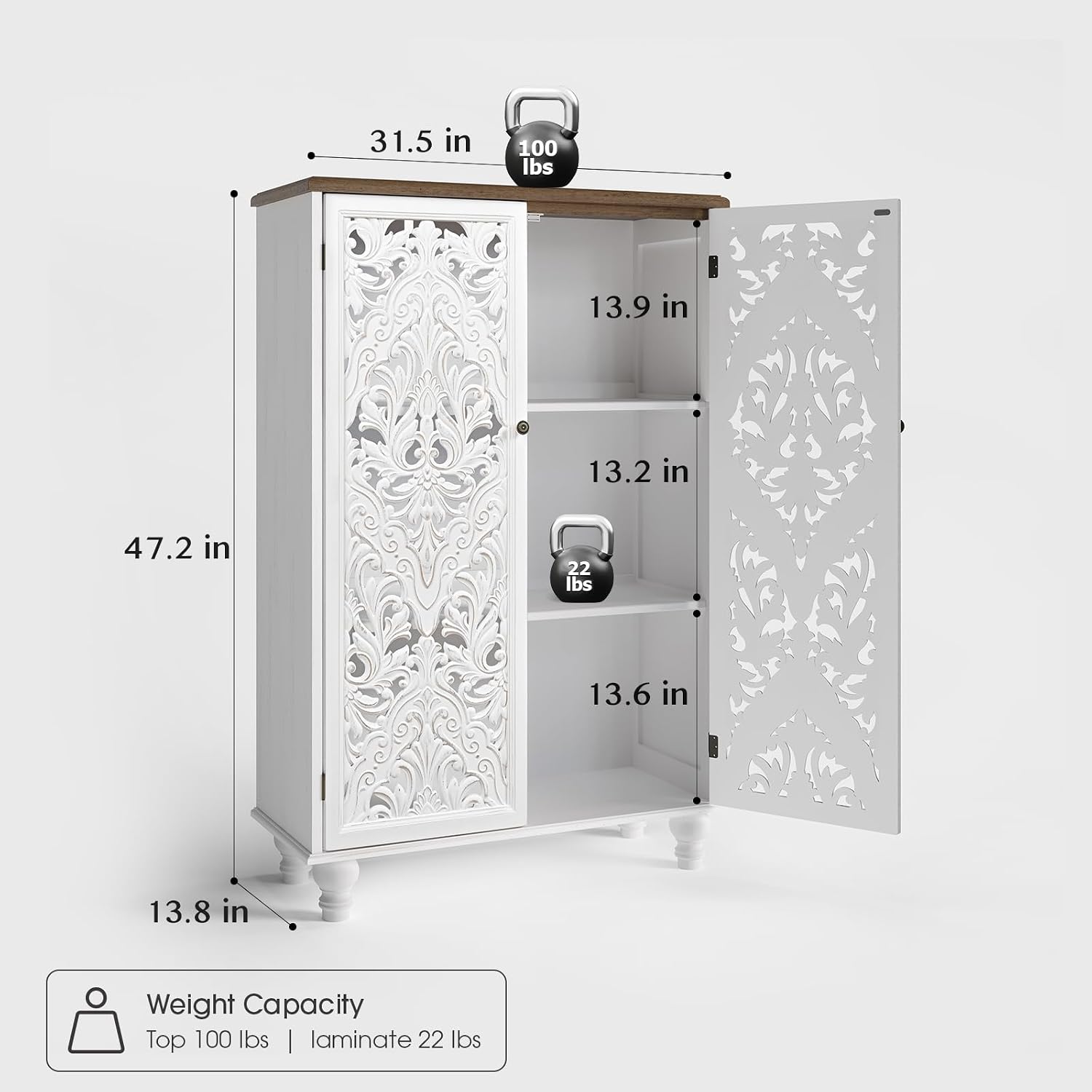 JOINICE 47' Tall Accent Cabinet with Carved Doors, Distressed White Wood Storage Cabinet with 3-Tier Shelves, Boho Farmhouse Sideboard Buffet for Small Spaces, Entryway & Living Room
