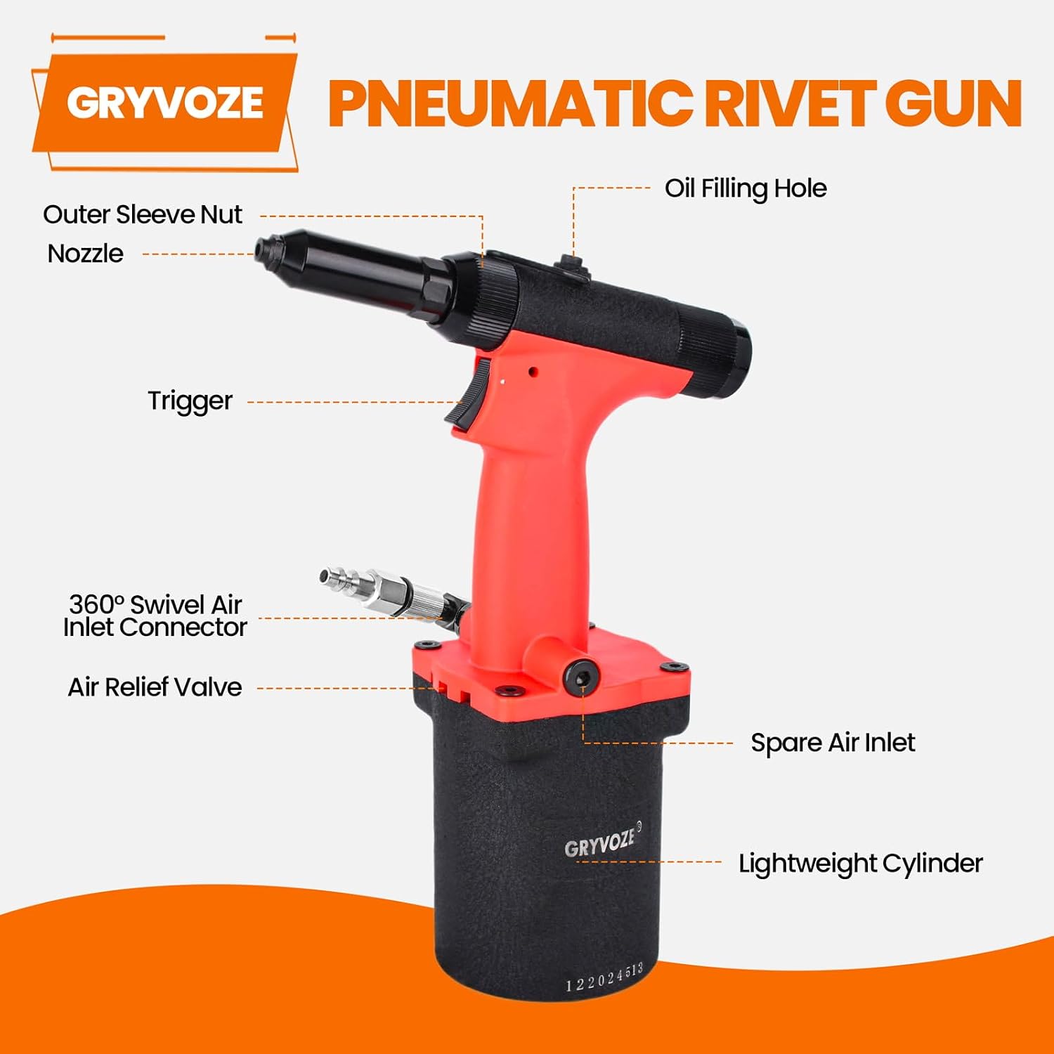 Pneumatic Rivet Gun Air Pop Riveter Tool Kit with 1/8', 5/32', 3/16', 1/4' Rivet Nozzles, Pneumatic Riveting Gun, Upgraded Air Riveter Hydraulic Pop Riveting Rivets Tool, No-Self-Suction