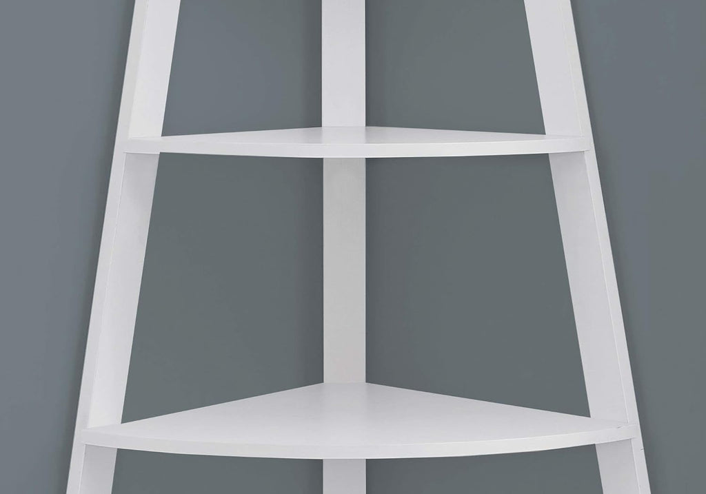 Corner Bookshelf 4-Tier, White Laminate, 60 in H | Particle board, 4 fixed shelves, corner bookshelf, white finish, living room or home office