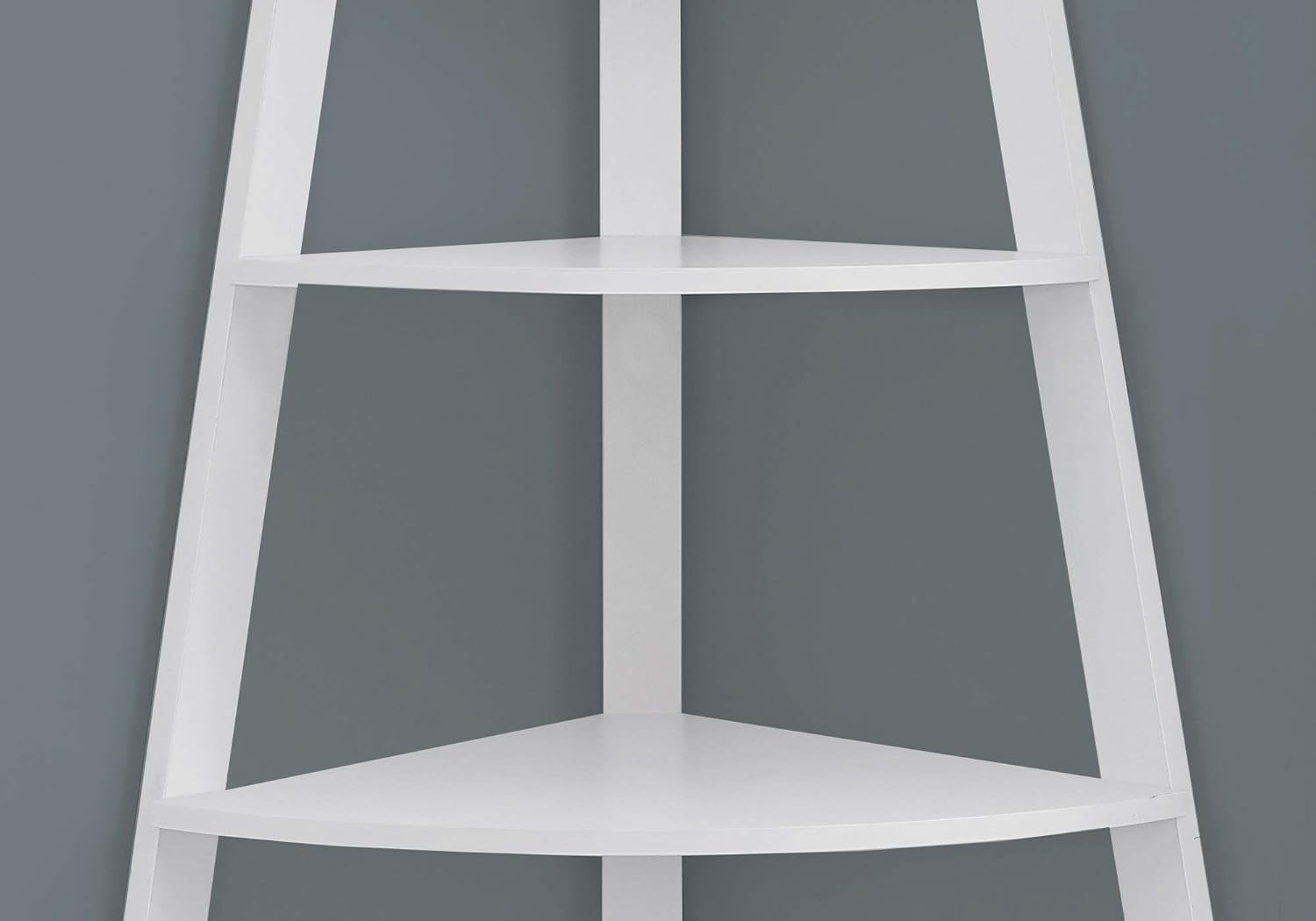 Corner Bookshelf 4-Tier, White Laminate, 60 in H | Particle board, 4 fixed shelves, corner bookshelf, white finish, living room or home office
