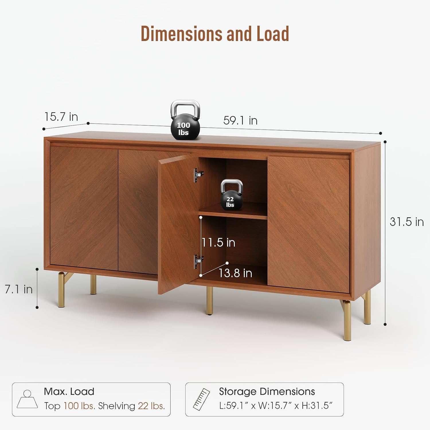 JOINICE Storage Cabinet, 59' Sideboard Buffet Cabinet with 4 Doors, Mid-Century Modern Wood Accent Cabinet, Chevron Pattern Credenza for Dining Room, Living Room, Entryway, Brown