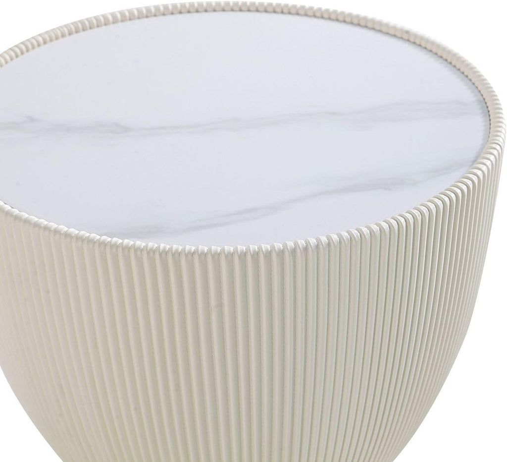 Manhattan Comfort Modern Anderson Coffee Table and End Table 2.0 Upholstered in Cream Leatherette with Ceramic Faux Tabletop - Set of 2