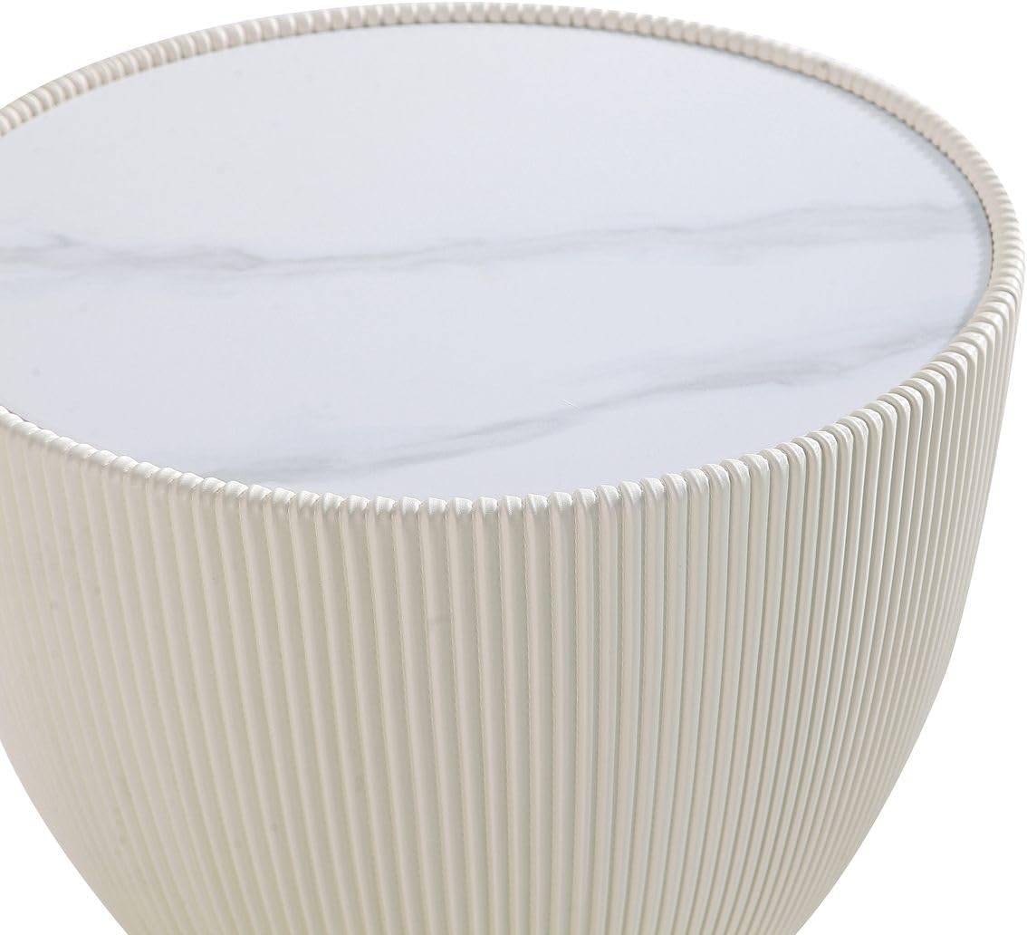 Manhattan Comfort Modern Anderson Coffee Table and End Table 2.0 Upholstered in Cream Leatherette with Ceramic Faux Tabletop - Set of 2