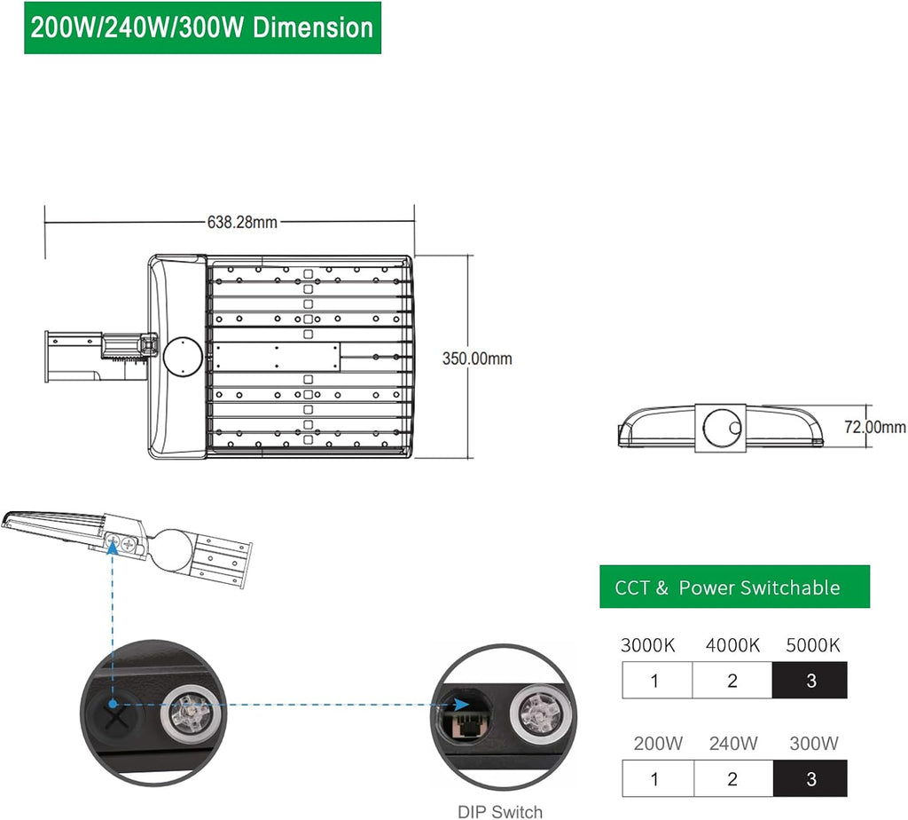 Power Switchable 200W 240W 300W LED Shoebox Light 3000K 4000K 5000K CCT Adjustable Outdoor Commercial Parking Lot Street Yard Area Lighting Fixtures 110-277V (DM Bracket for Square Pole)