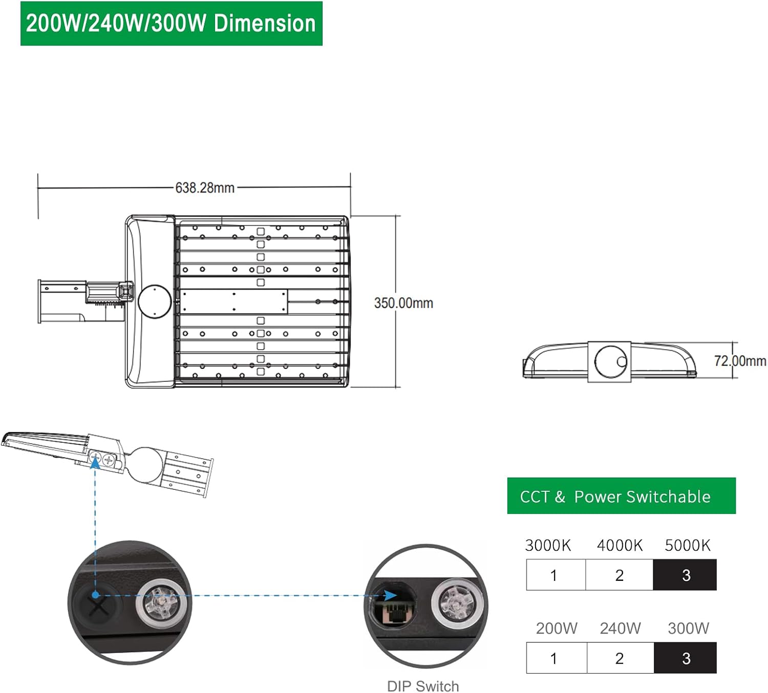 Power Switchable 200W 240W 300W LED Shoebox Light 3000K 4000K 5000K CCT Adjustable Outdoor Commercial Parking Lot Street Yard Area Lighting Fixtures 110-277V (FM Bracket for Wall Mount)