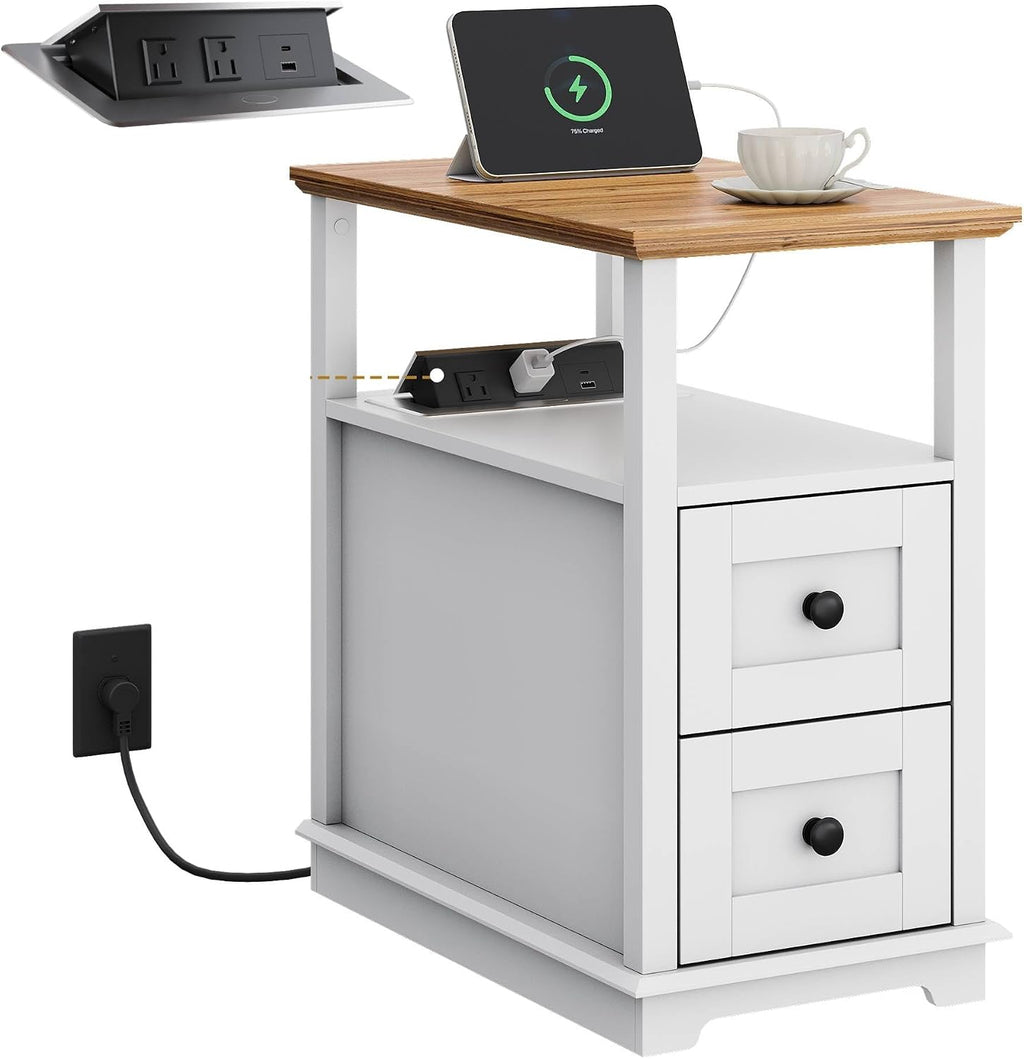 WLIVE End Table with Charging Station, Narrow Side Table for Living Room, Farmhouse Nightstand with Storage, Small Wooden Cabinet with USB Ports and Outlets for Living Room and Bedroom, White