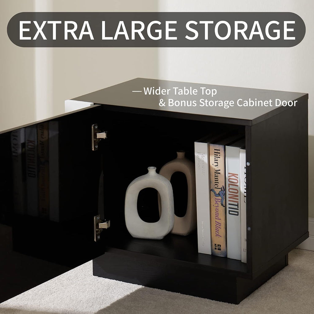 AMERLIFE 2PCS Entertainment Center Side Table Set with Storage, Modern High Gloss End Tables with 2 Cabinet Doors, for Living Room/Bedroom/Office, Black