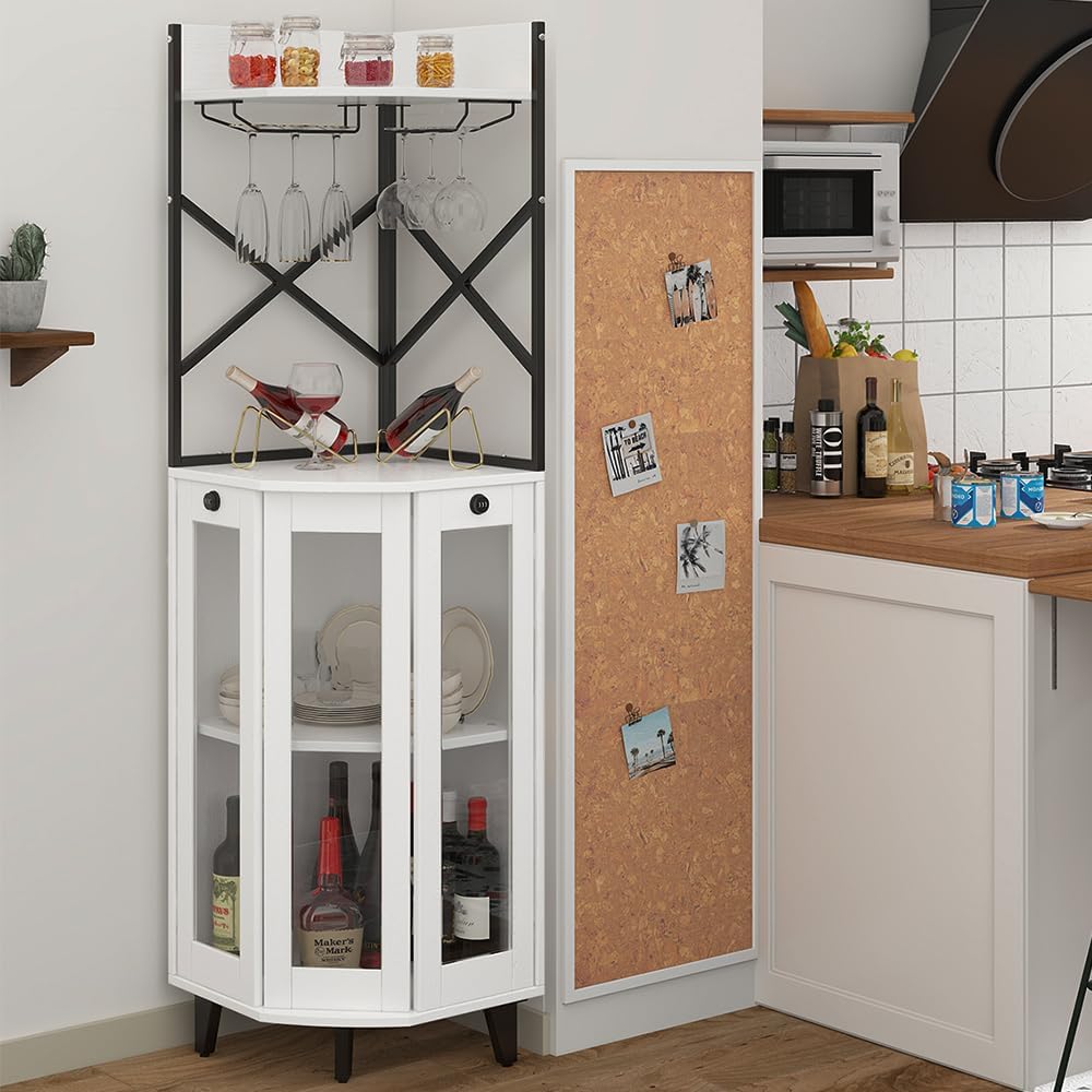 COCO DESIGN Corner Wine Cabinet with Lockable Glass Door & LED Light, 4-Tier Liquor Bar Unit, Modern Farmhouse Home Bar for Kitchen/Dining Room/Living Room, 2 Glass Display Trays & 2 Wine Racks, White