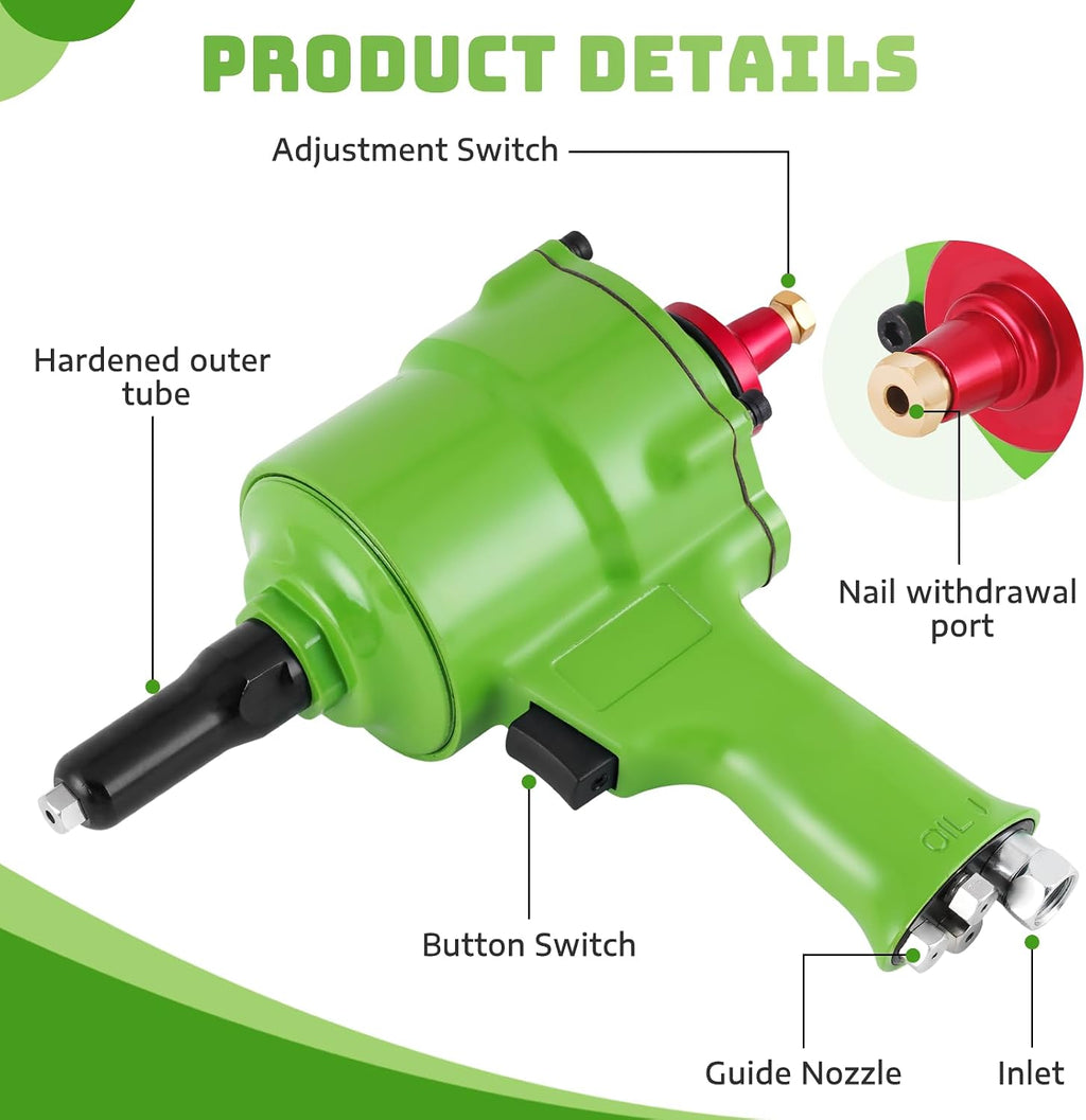 Pneumatic Rivet Gun Self-Suction Air Rivet Gun with 4 Nose Pieces, 3/32', 1/8', 5/32', 3/16' Pop Riveting Gun for Industry, Door & Window
