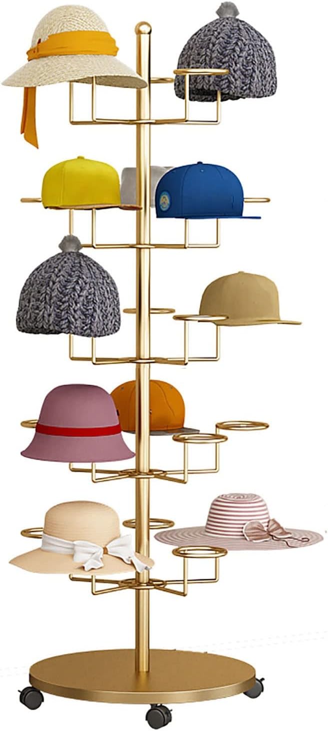 Hat Rack Hat Display Stand Floor Standing Gold Hat Racks Organisers with Wheels, Commercial Multi-Layer Hat Holder Stand for Cowboy/Baseball Caps, Large Capacity