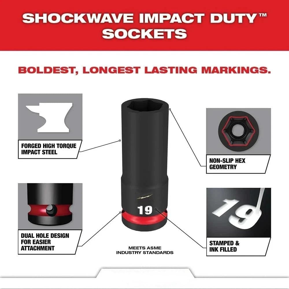 14pc 49-66-7014 Impact Socket Set for Milwaukee 1/2' Drive Metric Deep 6-Pt Socket Set - Black/Red