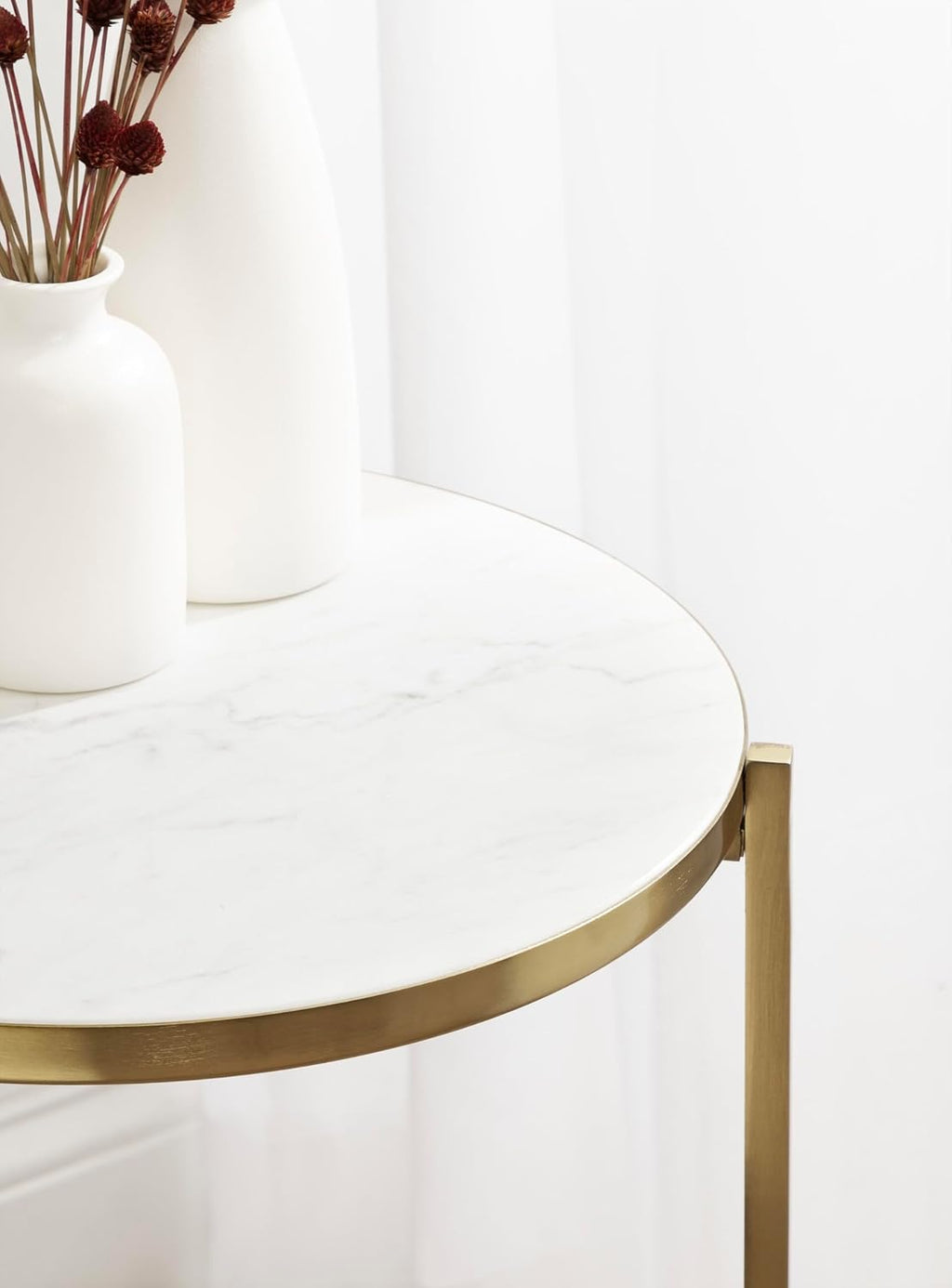 Kate and Laurel Aguilar Modern Round Side Table, 15 x 15 x 24, White and Gold, Genuine Marble Nightstand for Small Spaces and Living Room Decor