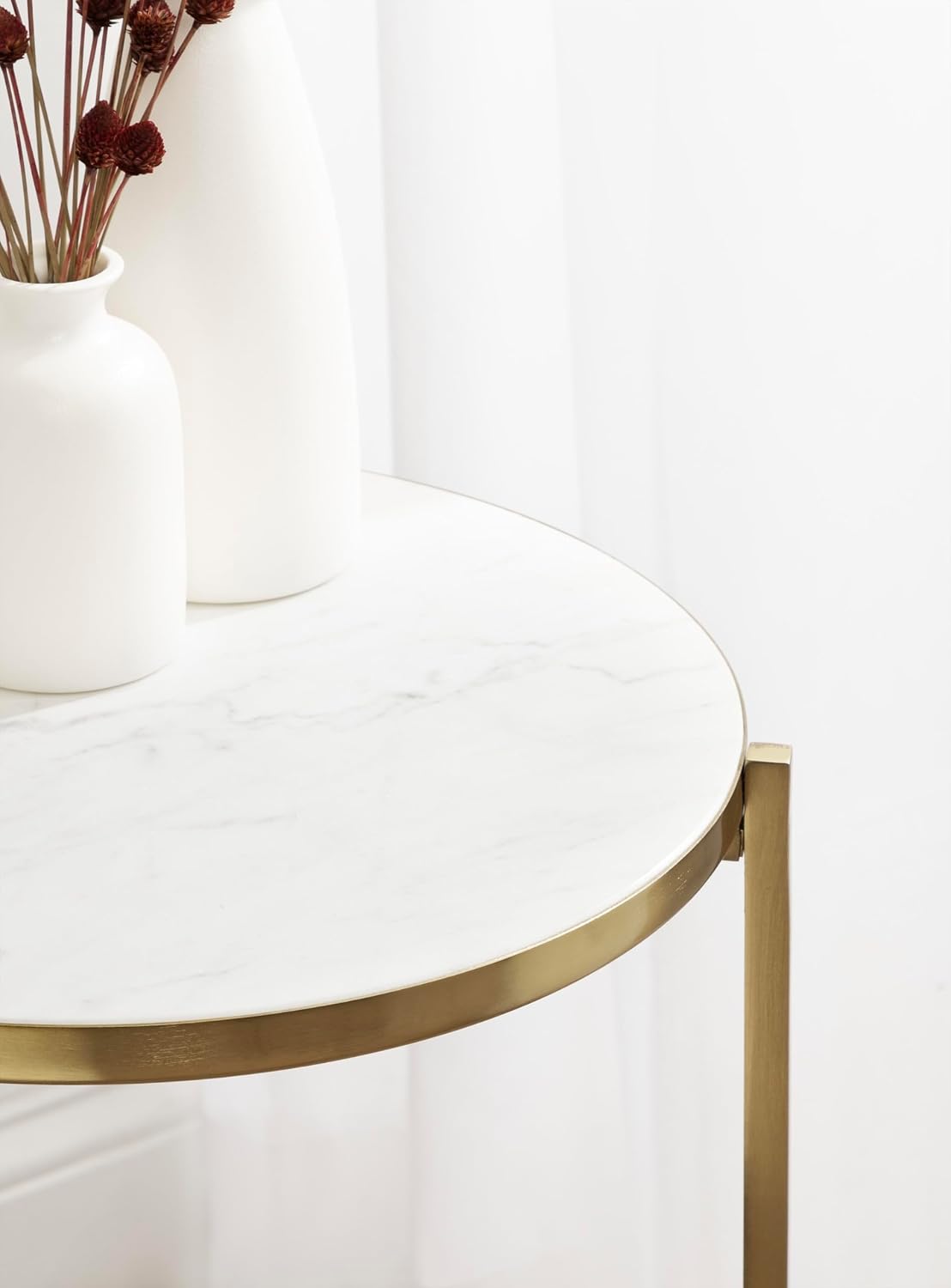 Kate and Laurel Aguilar Modern Round Side Table, 15 x 15 x 24, White and Gold, Genuine Marble Nightstand for Small Spaces and Living Room Decor