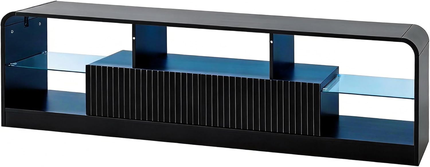 Wodeer Mid Century Modern TV Stand for 55 60 65 70 75 Inch TVs, Fluted TV Stands for Living Room with LED Lights, 63'' Entertainment Center with 2 Large Drawers & Glass Shelves, Black
