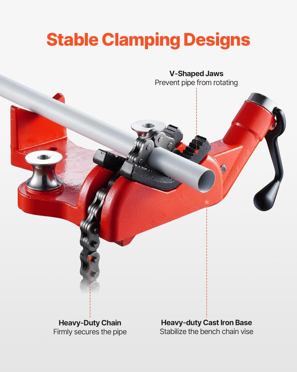 VEVOR Heavy-Duty Pipe Chain Vise, 1/2' - 8' Pipe Capacity, 34.6' Rugged Chain & Cast Iron Base, Industrial-Grade Pipe Clamping for Plumbing, Automotive Repairs, Metalworking