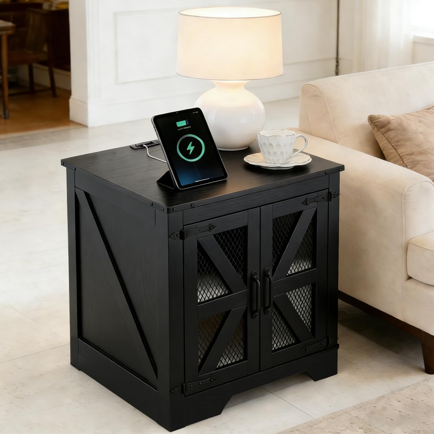 Farmhouse End Table Set with Charging Station, Black Living Room Tables with Hidden Storage, Rustic Wood Furniture for Home and Office