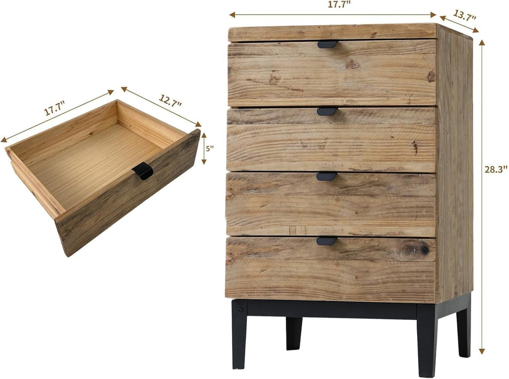 Wnutrees Farmhouse Nightstand Wood Bedside Table with 4-Drawers Bedside End Tables Storage for Living Room, Hallway, Handmade Distressed, Natural, Set of 2