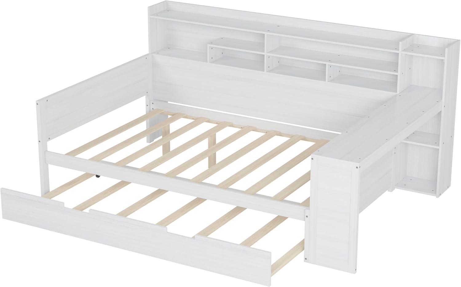 Wooden Full Size Corner Day Bed with Twin Trundle and Desk,L Shape Corner Daybed Frame with Storage Shelves and Wood Slat Support for Kids Teens Bedroom Guest Room,No Box Spring Needed,Antique White