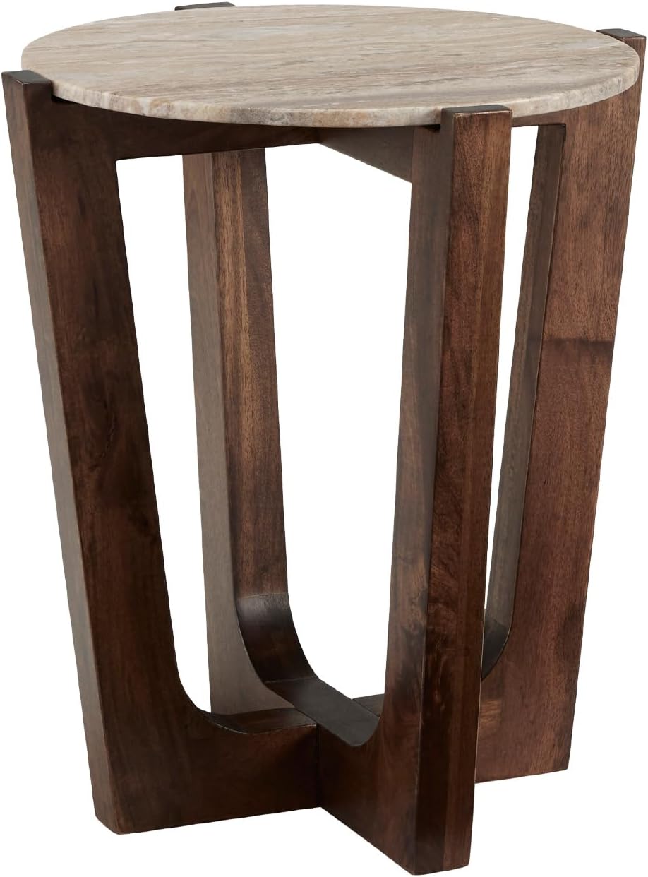 Signature Design by Ashley Tanidore Casual Marble Tabletop End Table with Cross Legs, Light Brown & Dark Brown