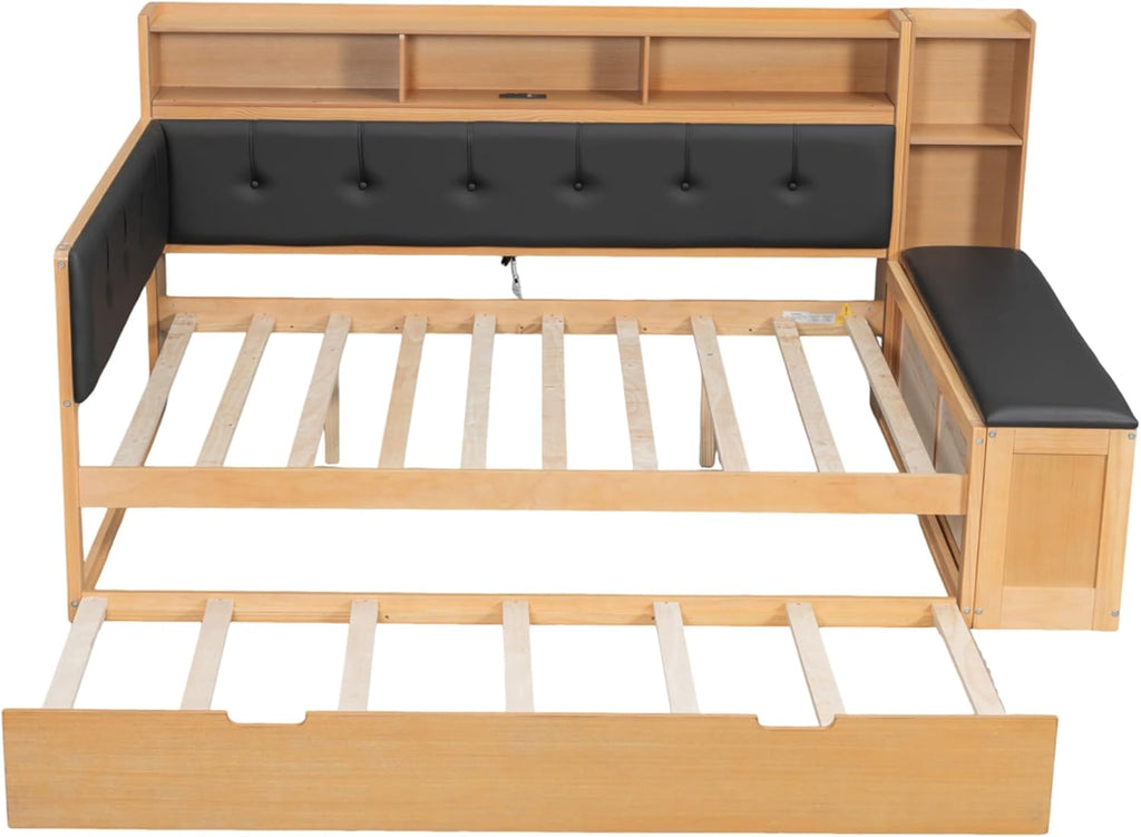 Harper & Bright Designs Full Size Daybed Sofa Bed with Trundle and L-Shaped Upholstered Headboard, Wooden Corner Platform Bed Frame with Storage Shelves, Bench, Charging Station, Natural Color+Black