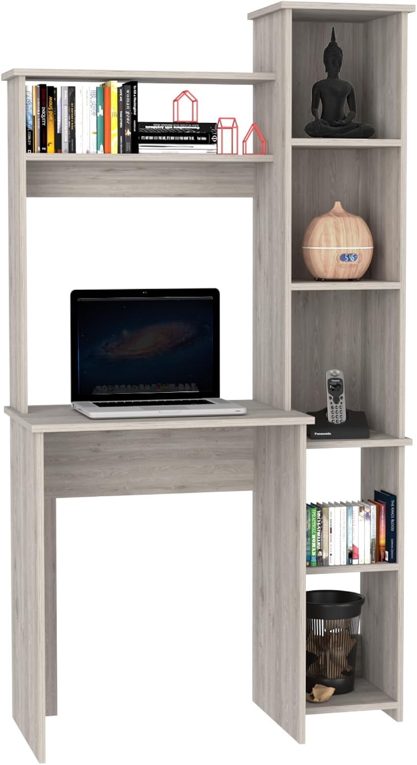 Tuhome Versalles Writing Desk with Two Superior Shelves, Five Side Open Storage Compartments, Space-Saving Modern Workstation Design for Studios and Offices, Ideal for Organization
